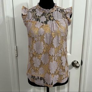 NWT sheer lace mock neck ruffle blouse top pink peach size small